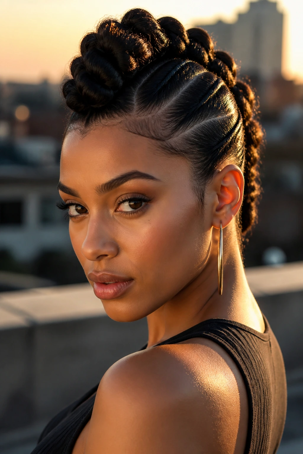 Close-up of a real woman with a braided mohawk updo on a sunlit rooftop