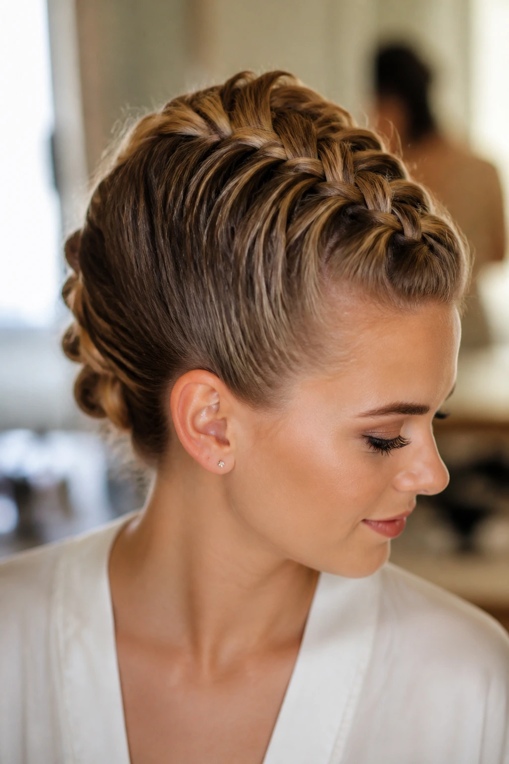Close-up of braided mohawk updo on a real bride-to-be.