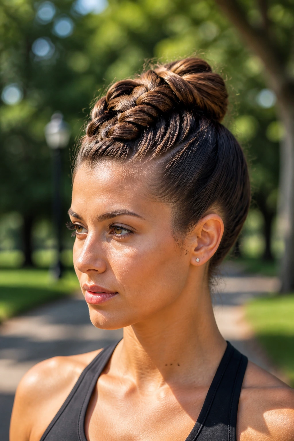 Close-up of a woman with braided Mohawk updo in park setting