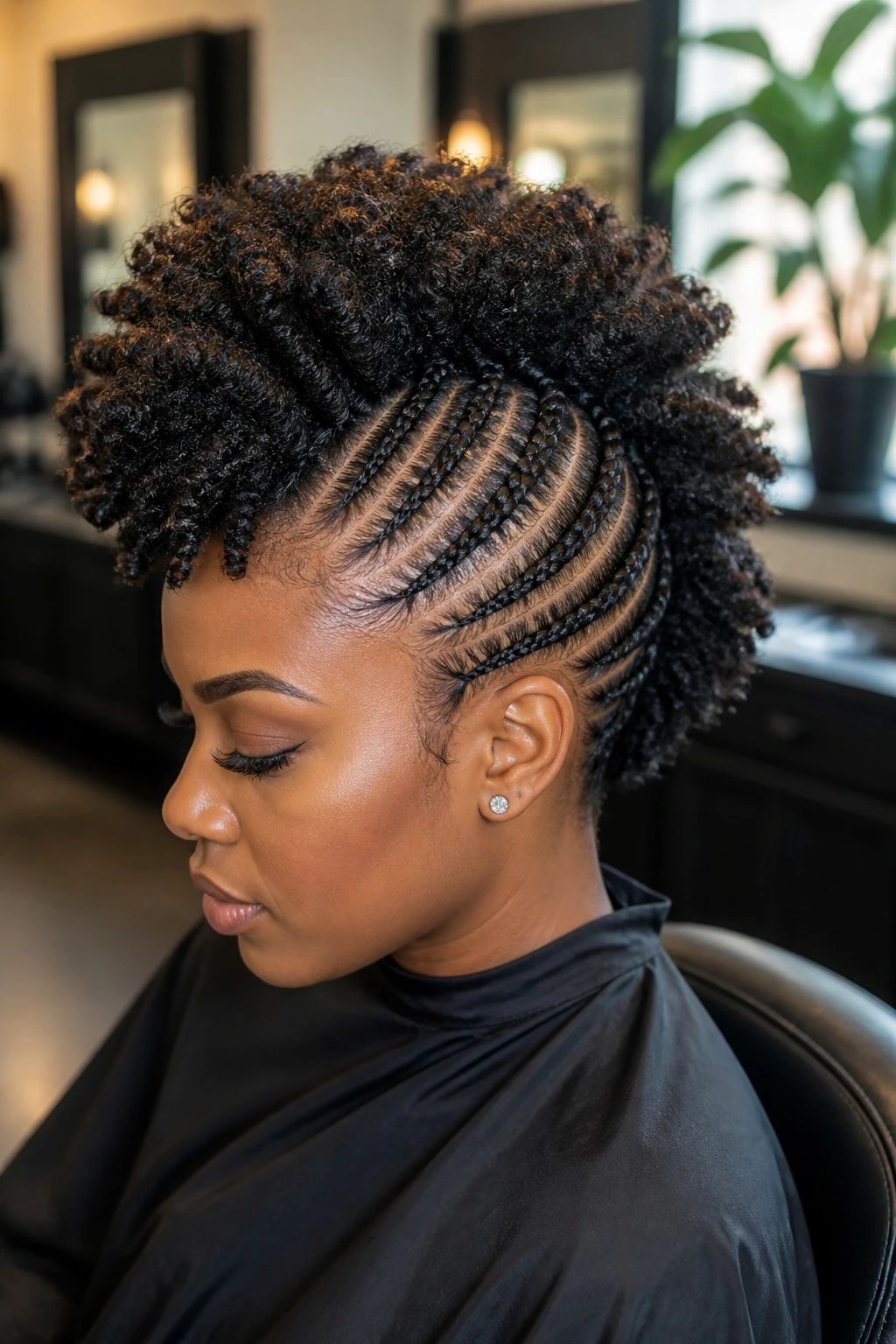 Portrait of person with braided mohawk highlighting natural hair texture and coils