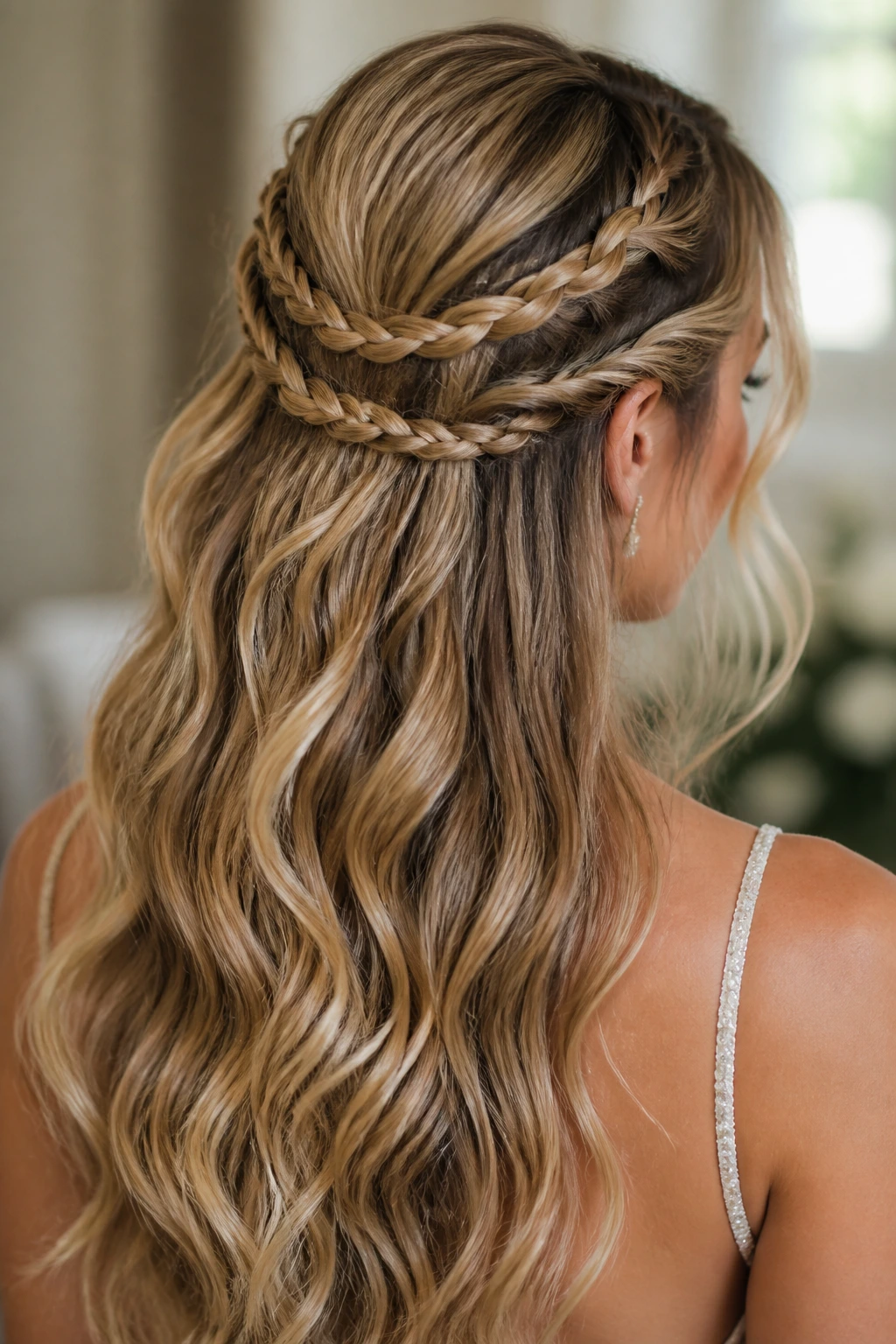 Bride with crescent braided moons and waves hairstyle from the back