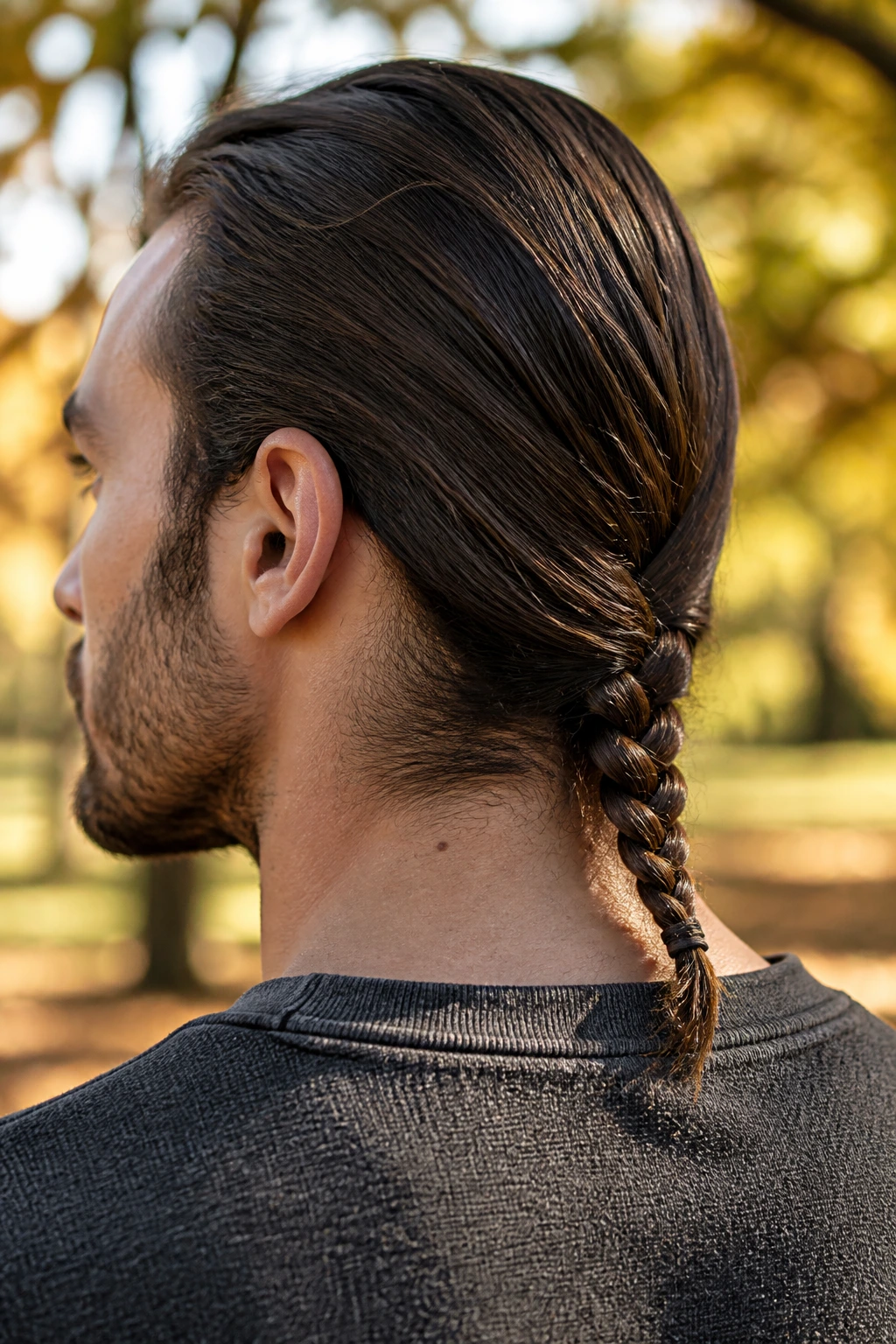 Close-up of a man with a braided nape hairstyle in a park