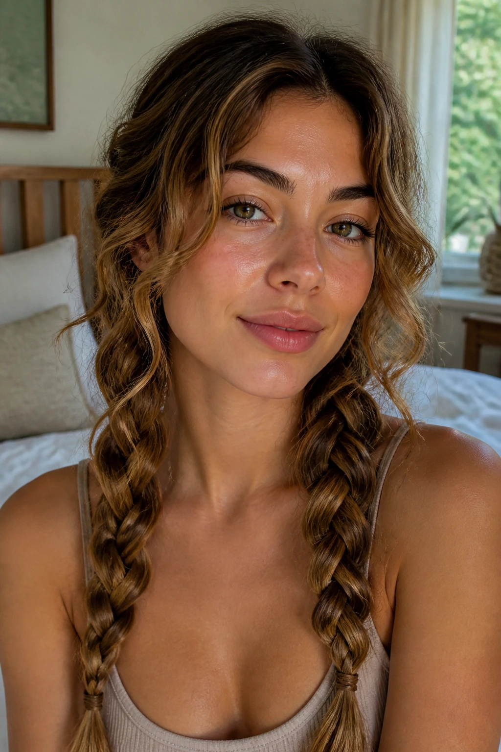 Close-up of a real woman with two loose braids creating broad, relaxed waves.