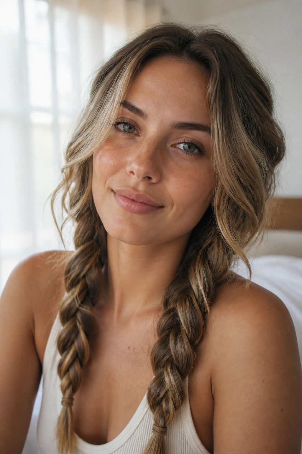 Close-up of a woman with overnight braided waves in natural morning light