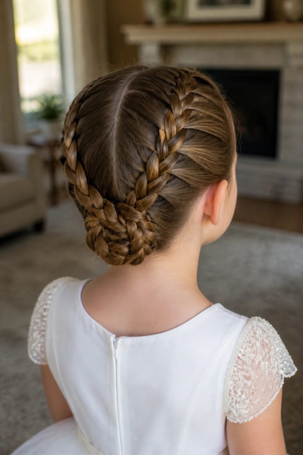 Braided pigtail bun on real girl
