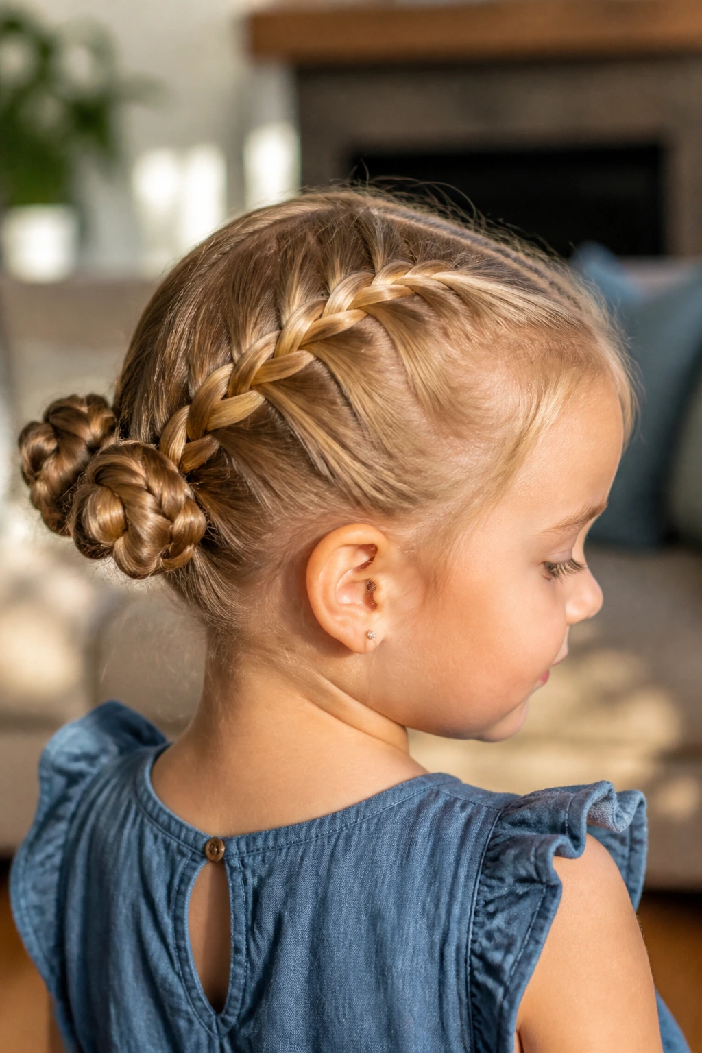 Close-up of a girl with braided pigtail bun hairstyle in sunlit room