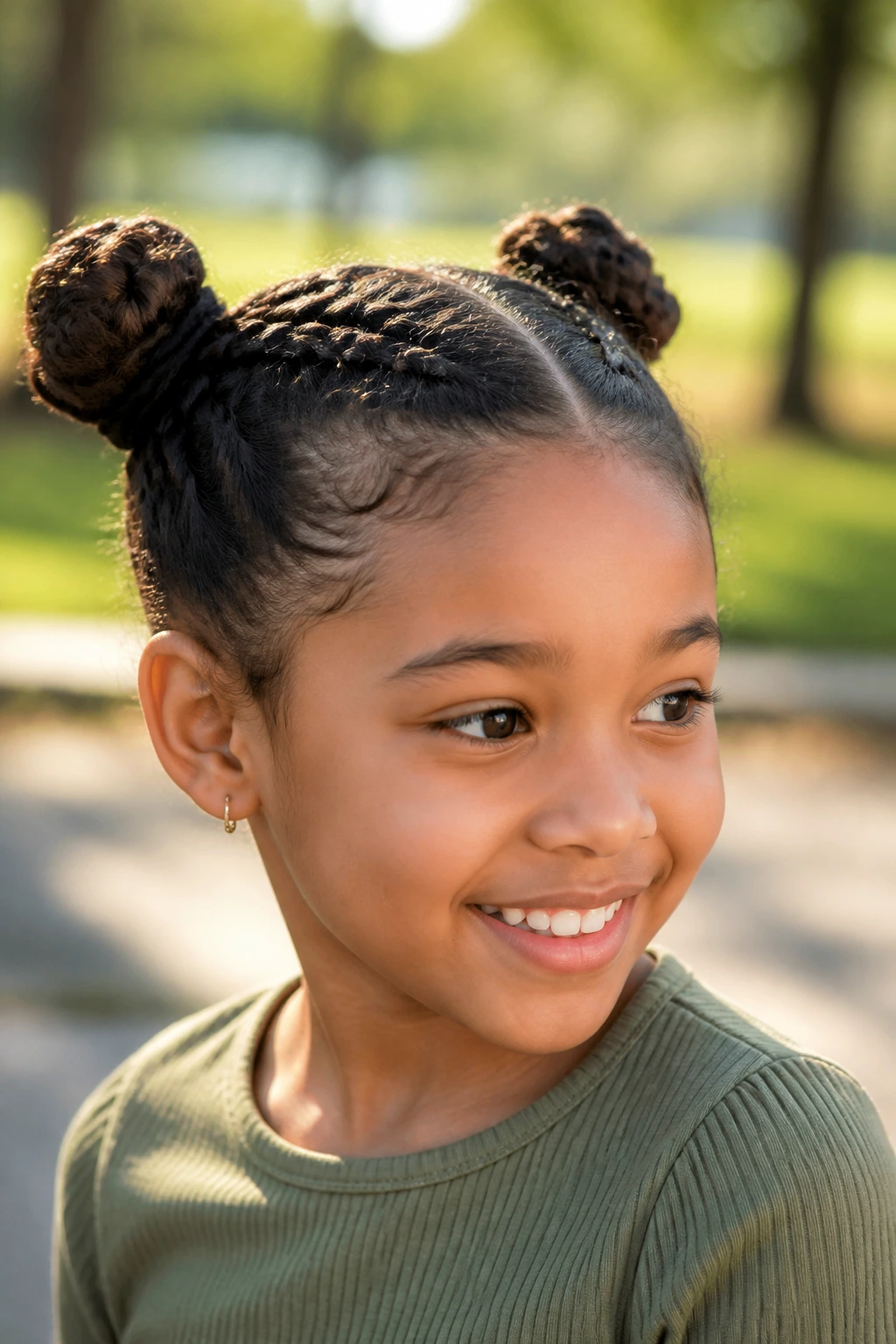 Portrait of a girl with two braids braided into buns on the sides
