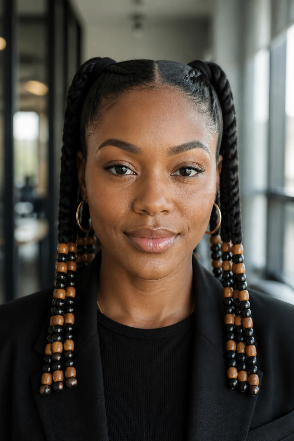 Close-up of a woman with braided pigtails and symmetrical bead rows