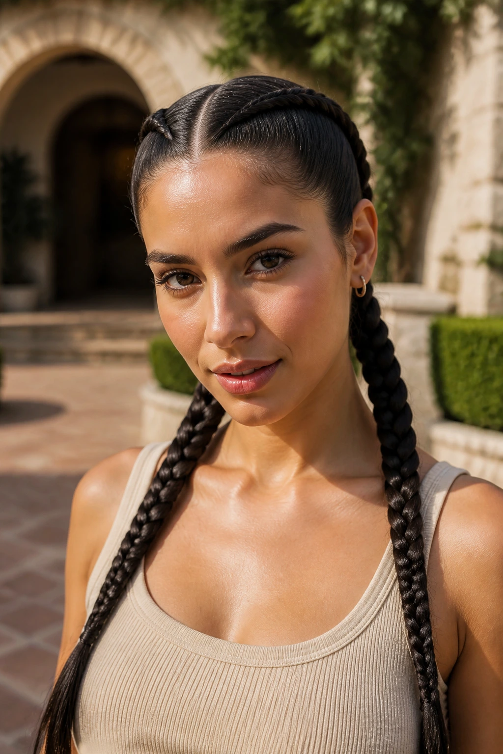 Real woman with two sleek braided pigtails over the shoulders
