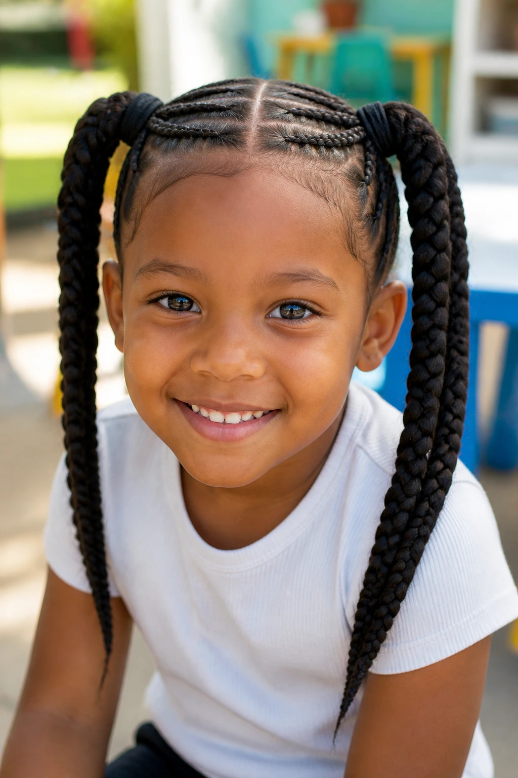 Close-up of a child with braided pigtails outdoors or in classroom