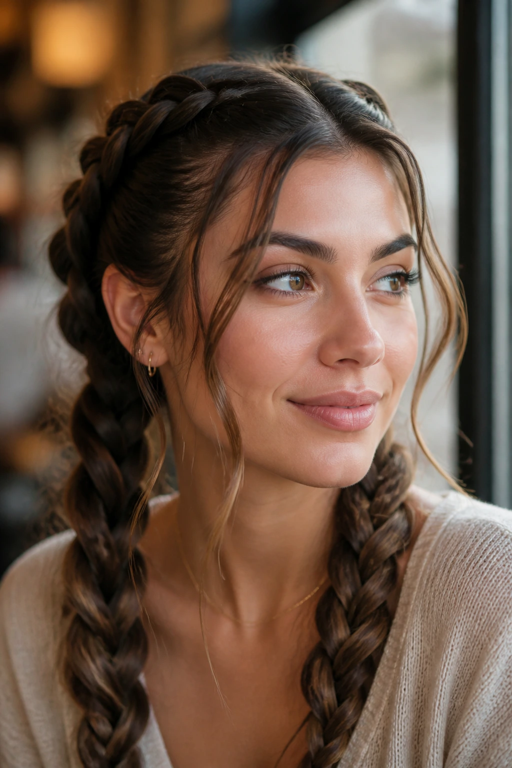 Close-up of braided pigtails with loose tendrils on a real woman