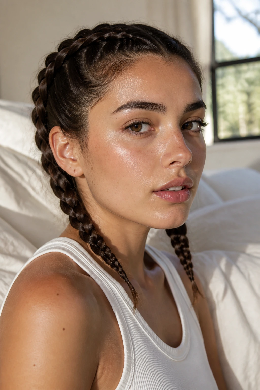 Close-up of real woman with two slim braided pigtails on short hair
