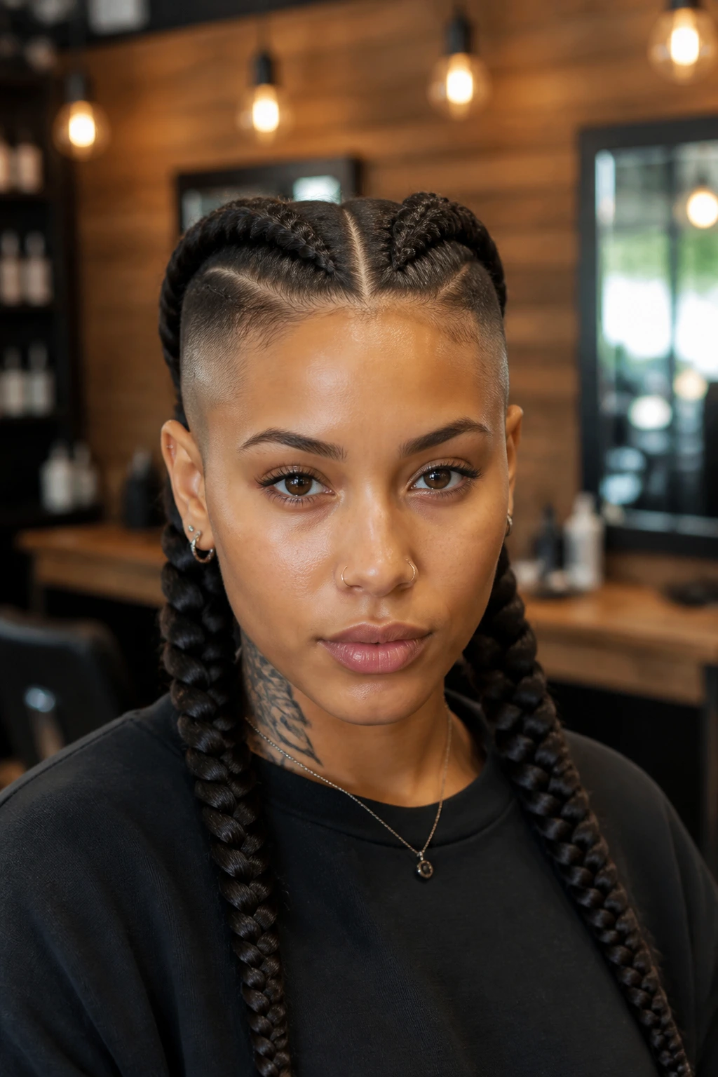 Close-up portrait of braided pigtails with a sharp undercut on a real person in a stylish salon