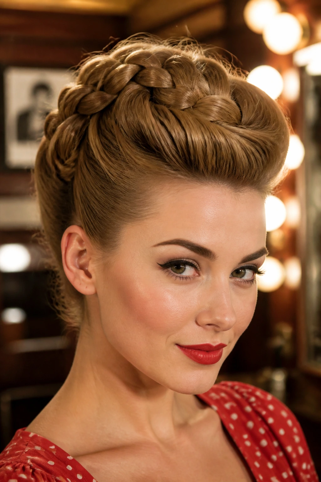Portrait of a woman with a braided pompadour updo in retro lighting