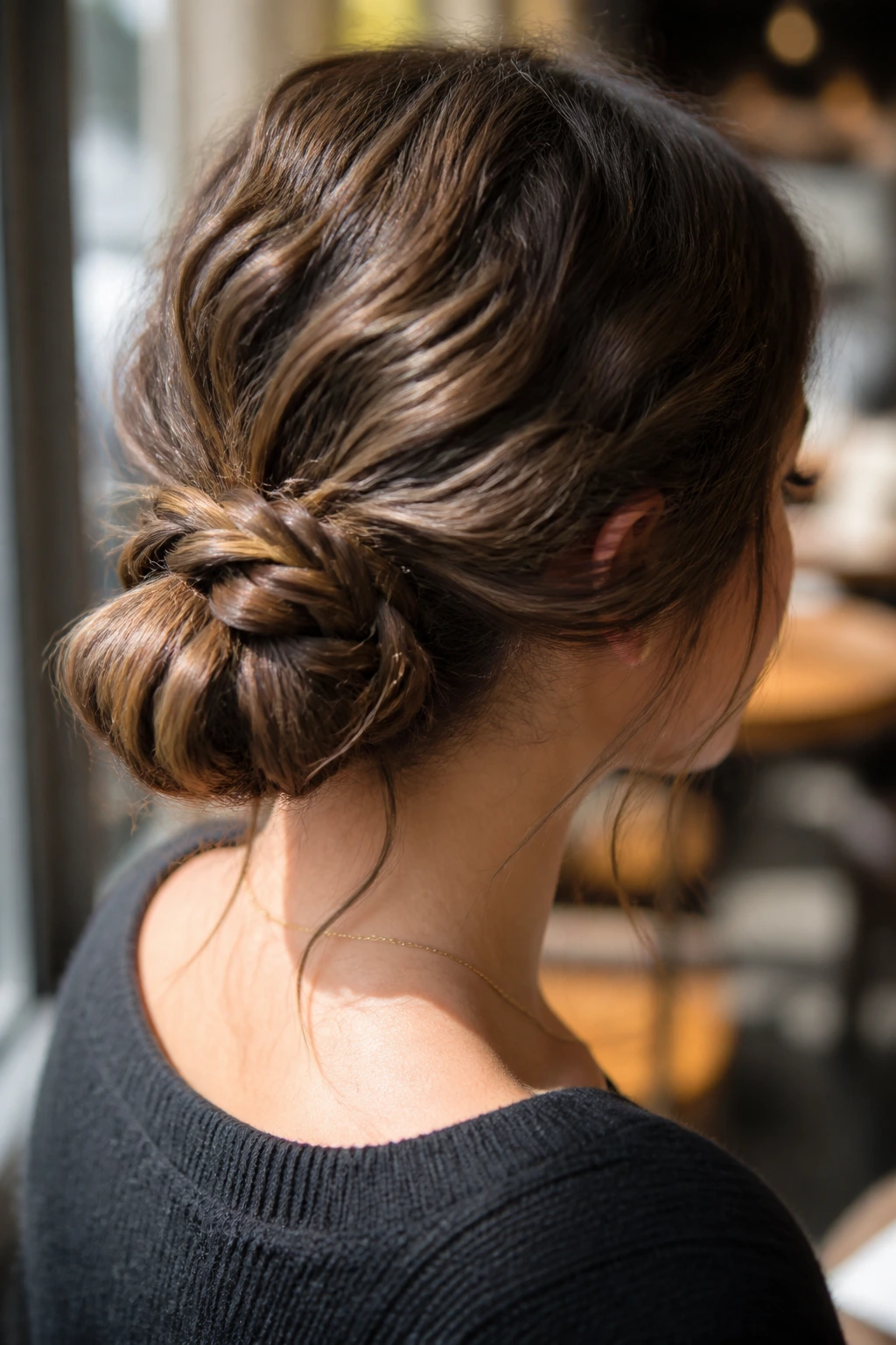 Close-up of Braided Low Pony Bun with a wrapped braid forming a bun