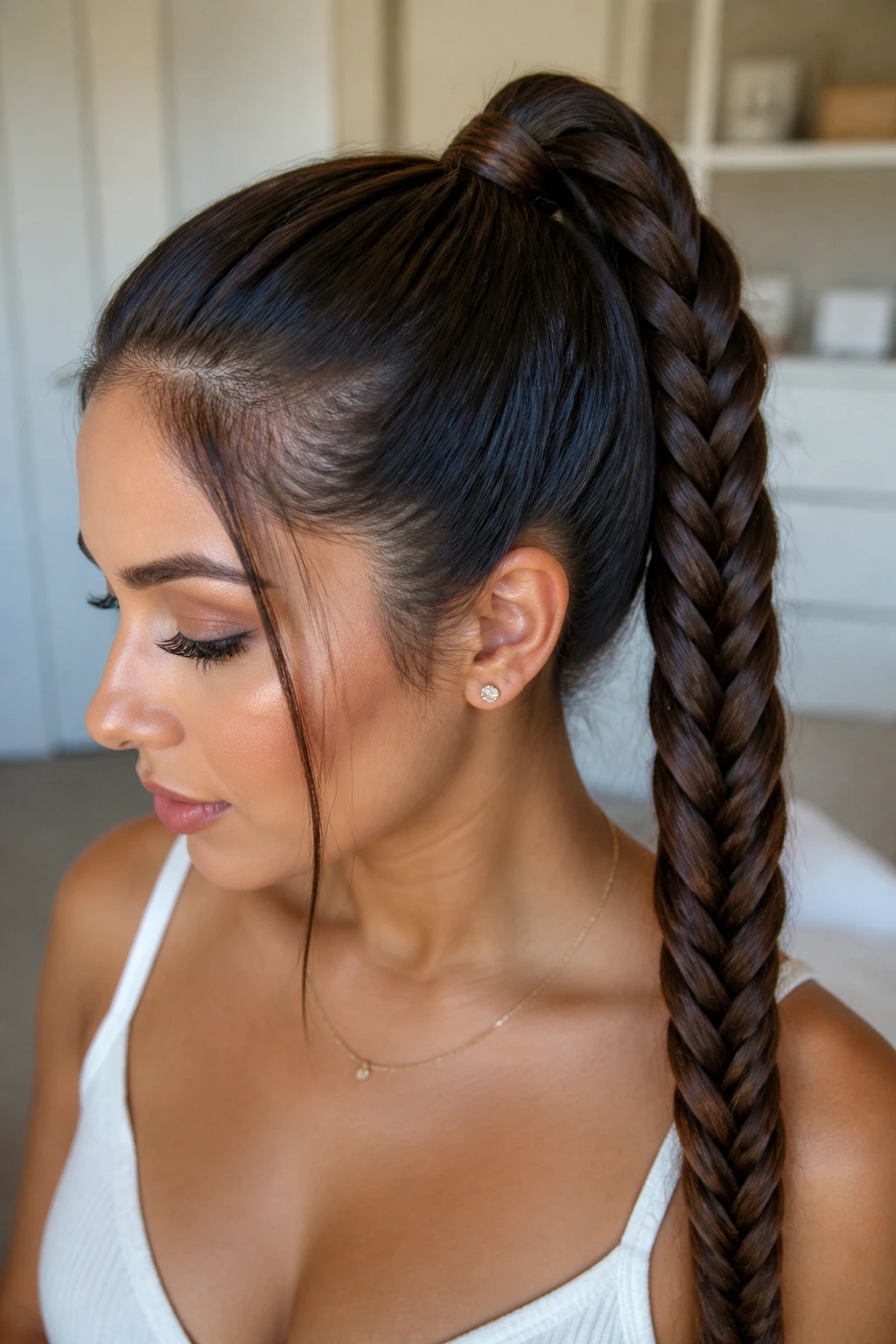 Real-person portrait with a high braided pony and fishtail tail braid filling the frame.