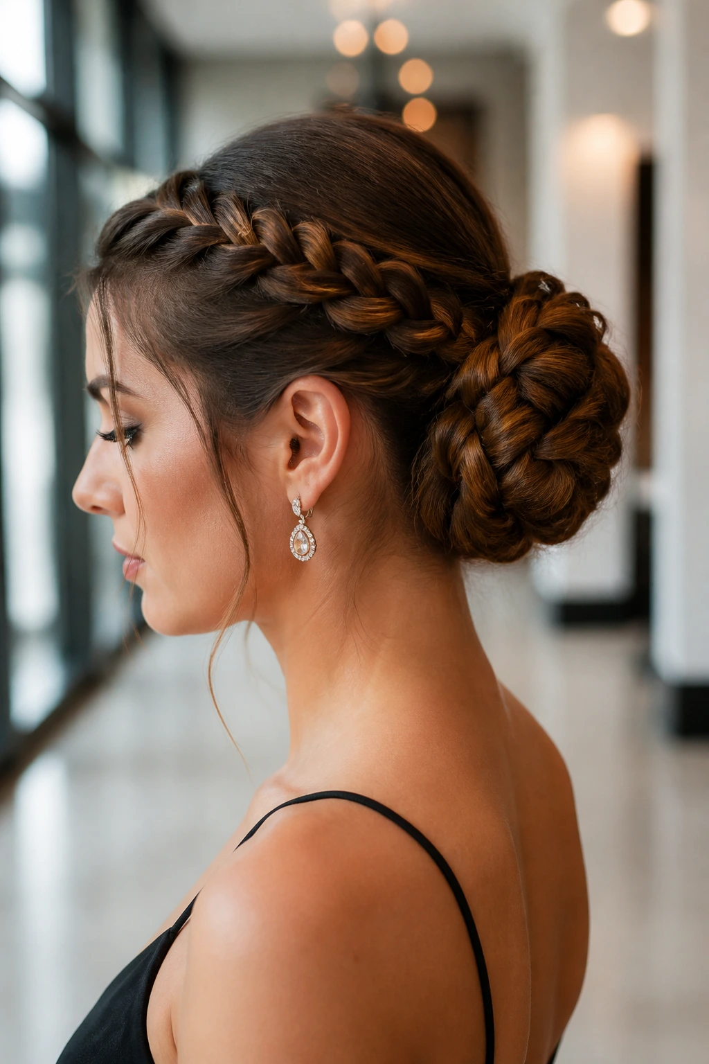 Side-profile showing braided pony-to-bun hairstyle on real woman