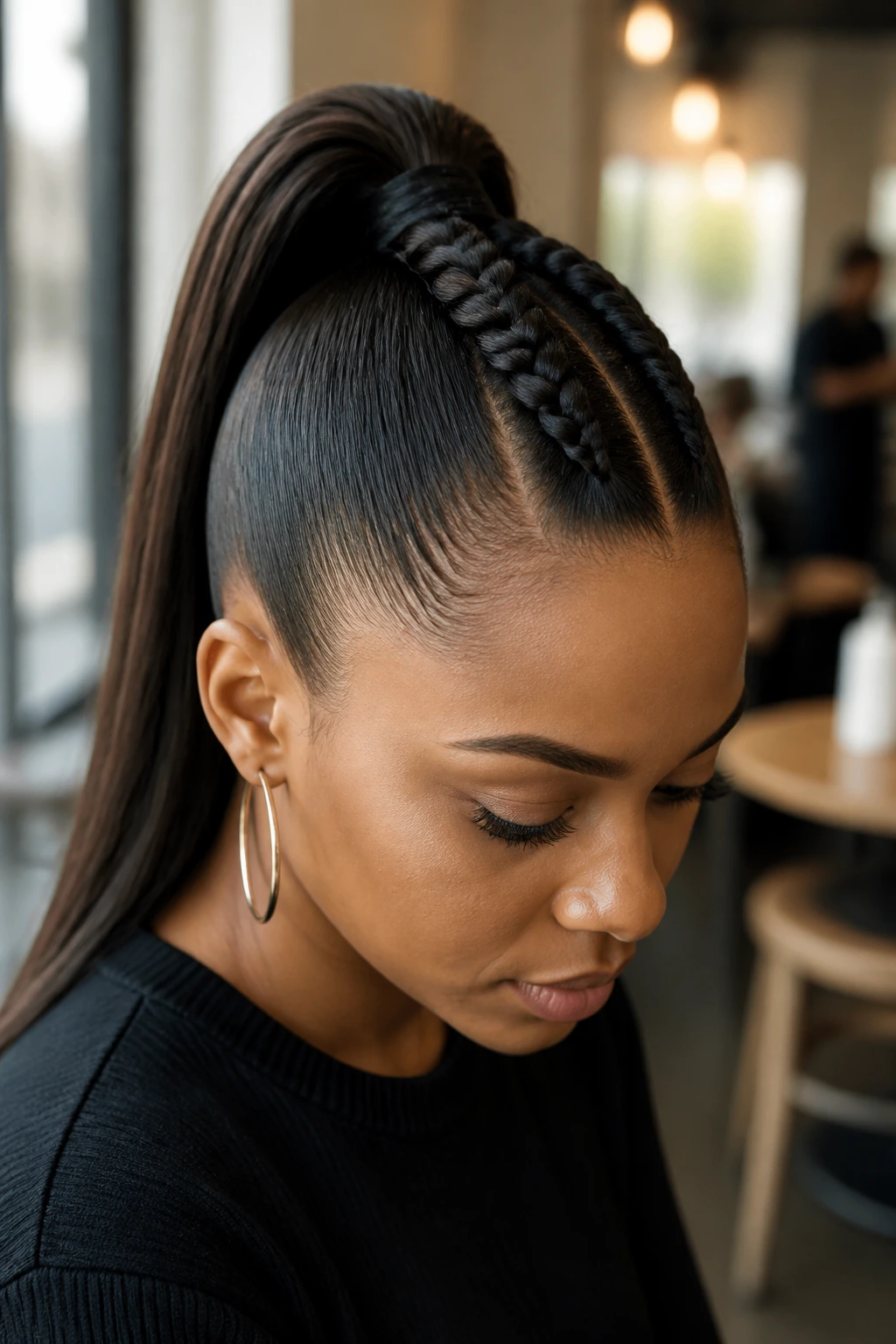 Close-up of a real woman with a center braided mohawk that forms a ponytail in a cafe setting
