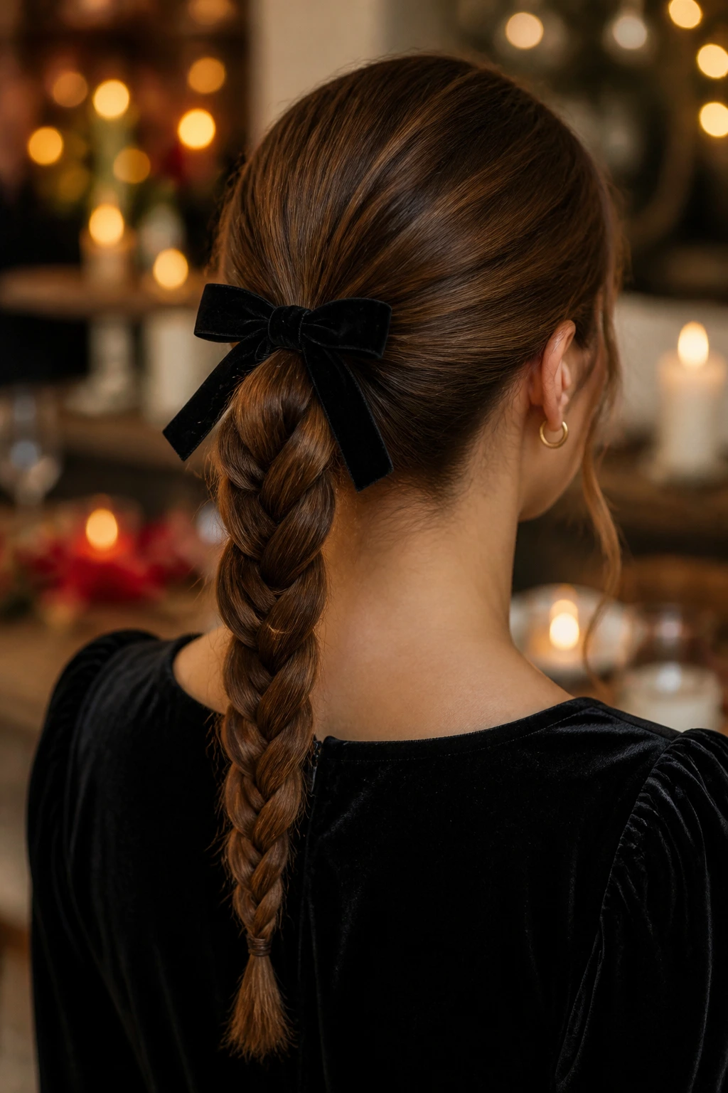 Back view of a real woman in a festive setting showing a braided ponytail with a bow