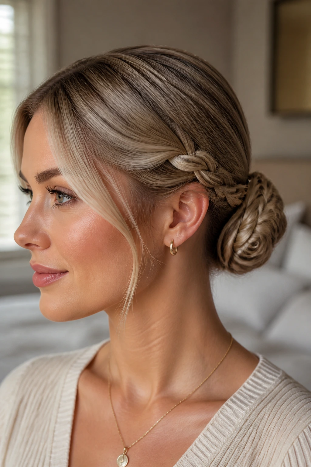 Close-up of a real woman with a braided ponytail wrapped into a bun
