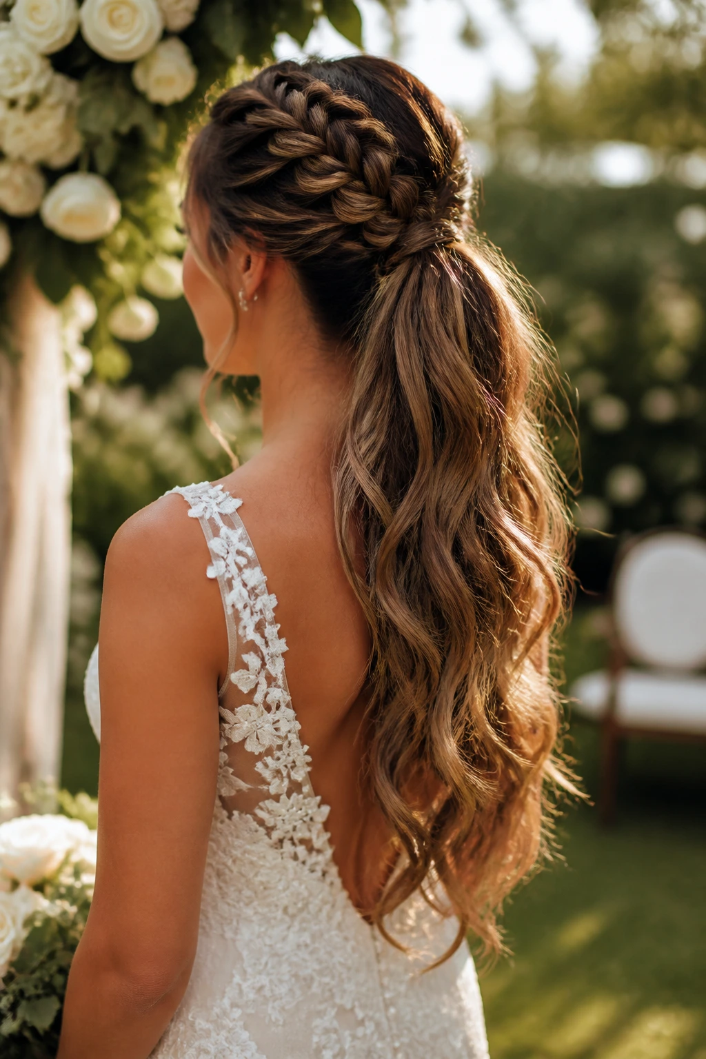 Rear view of a real bride with a braided ponytail cascade