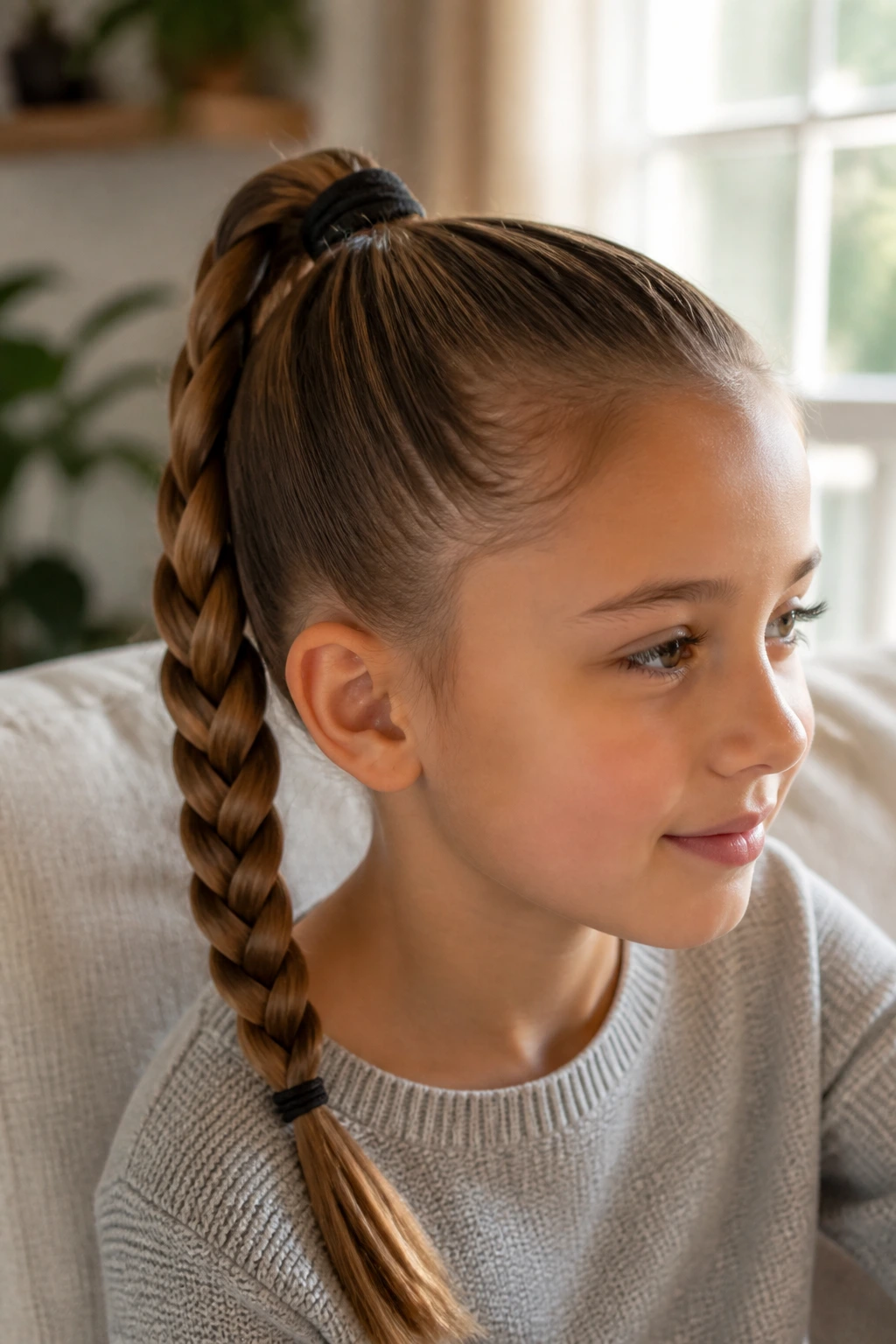 Close-up of a real child with a braided ponytail in warm home light