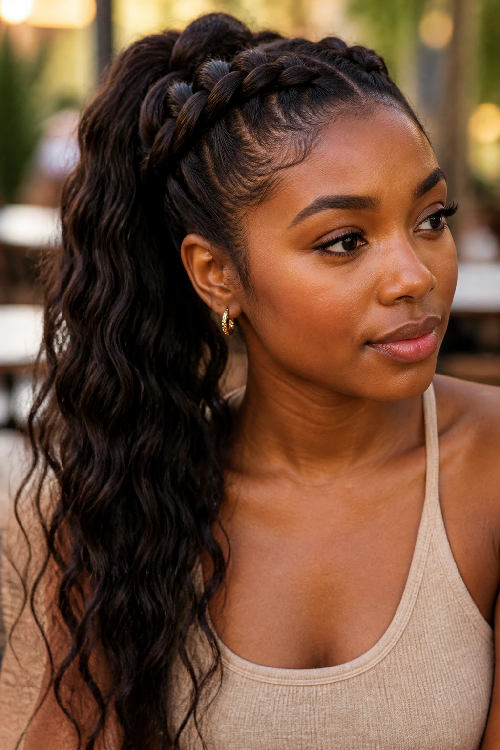 Close-up of a real woman with crown braid and long wavy ponytail