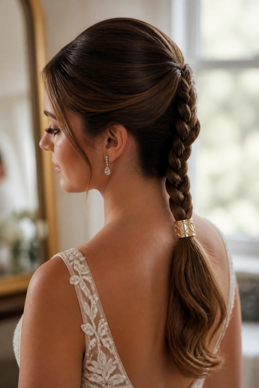 Close-up of a bride's braided ponytail with decorative cuff