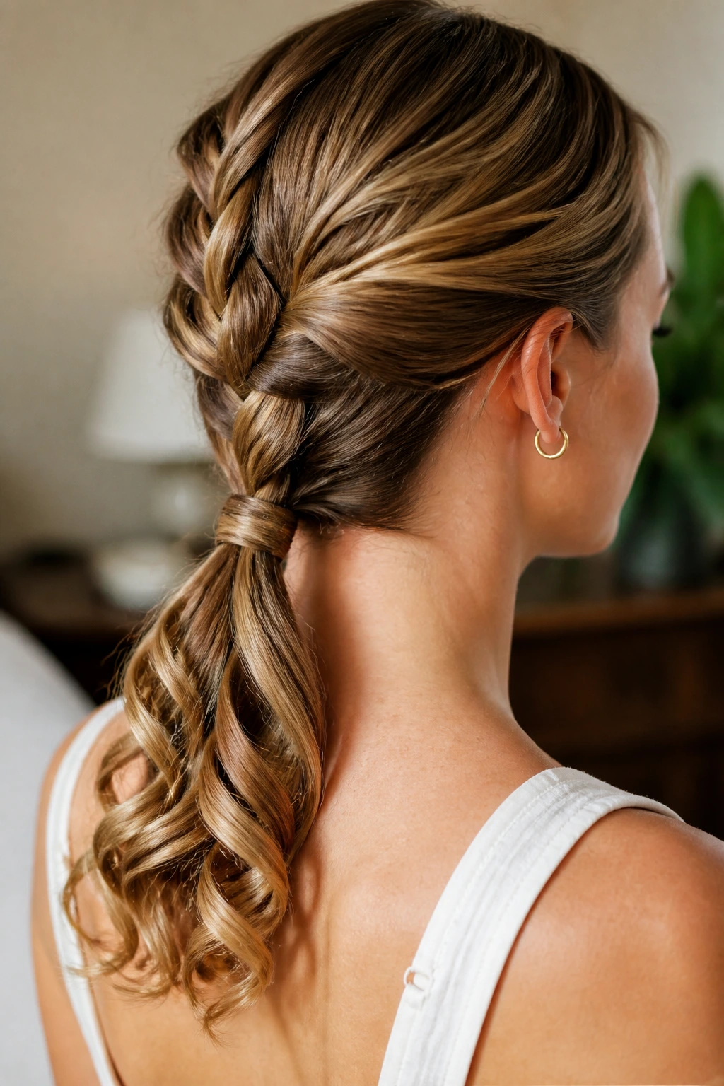 Close-up of braided ponytail with curled ends on a real person