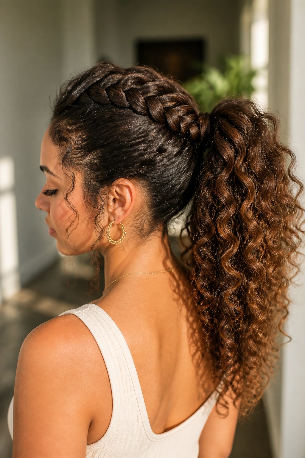 Close-up of real woman with braided crown into ponytail