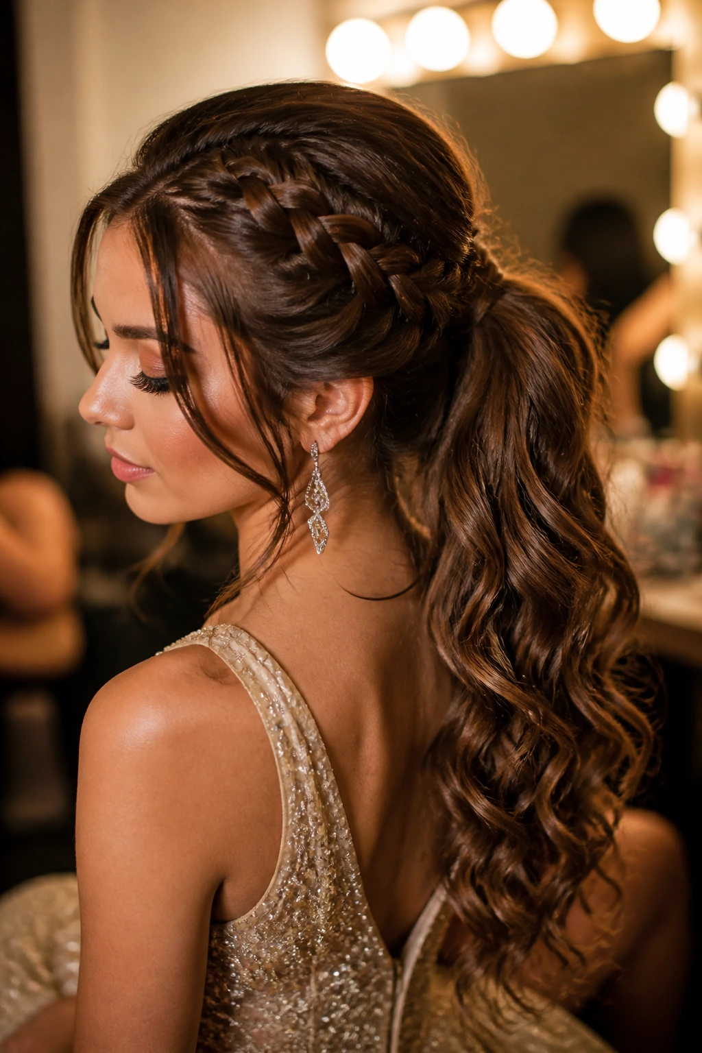 Close-up of a real woman with a braided ponytail and curled lengths.