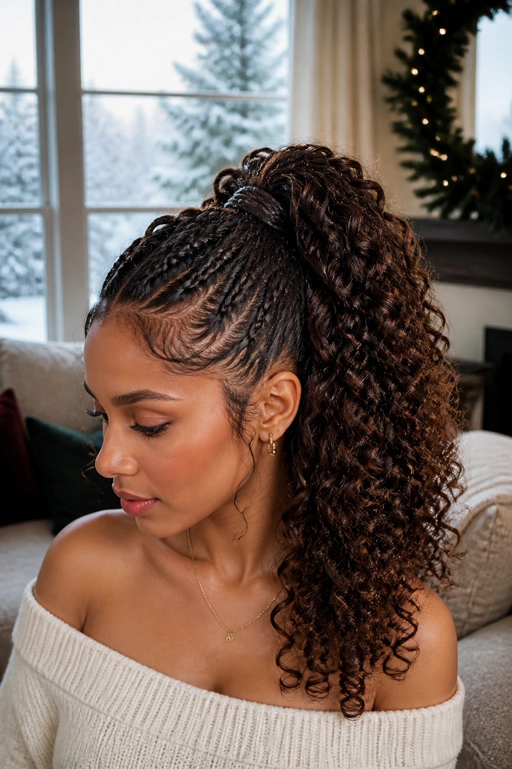 Real woman with braided crown leading into a curly ponytail in a sunlit living room.