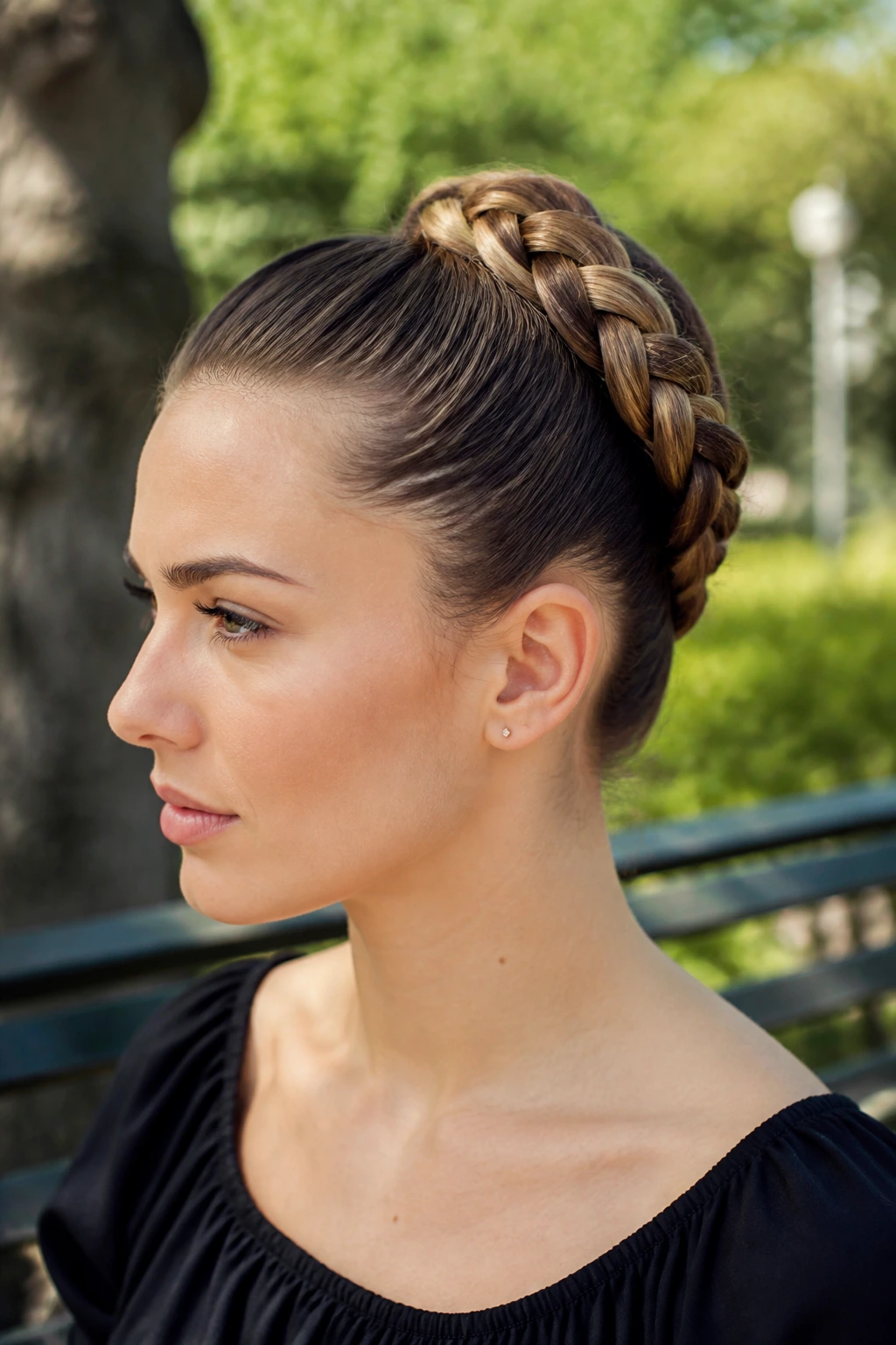 Close-up of a real woman showing a braided ponytail folded up against the head