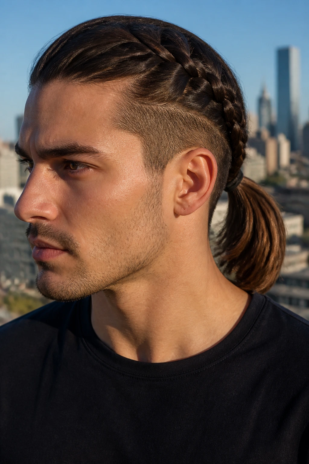 Close-up of a man with a braided ponytail showing a neat braid