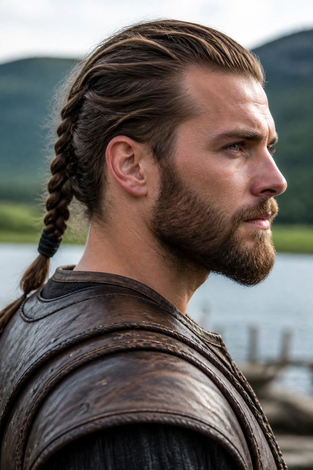 Man with low braided ponytail outdoors