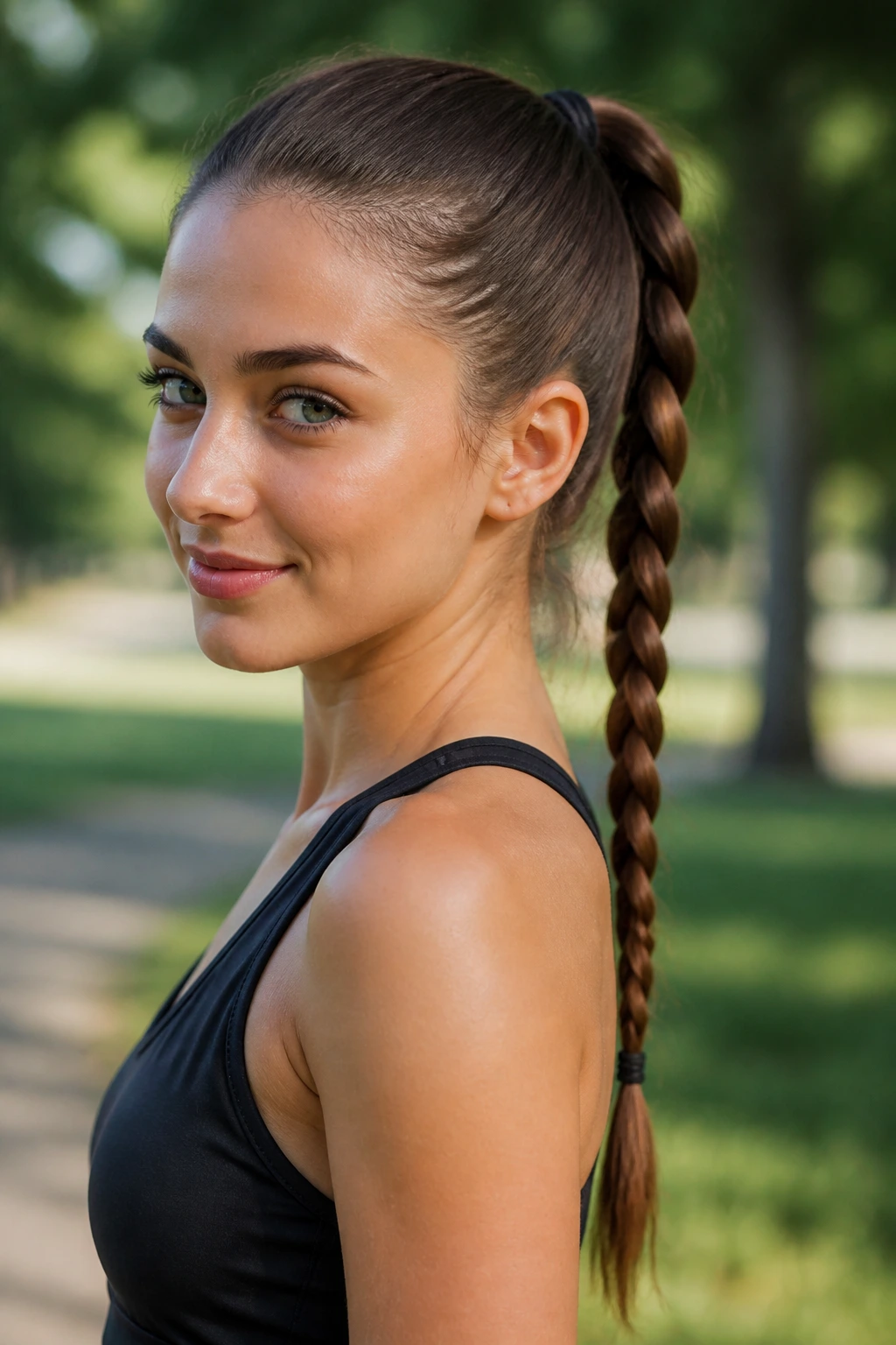 Real woman with a long braided ponytail in natural light