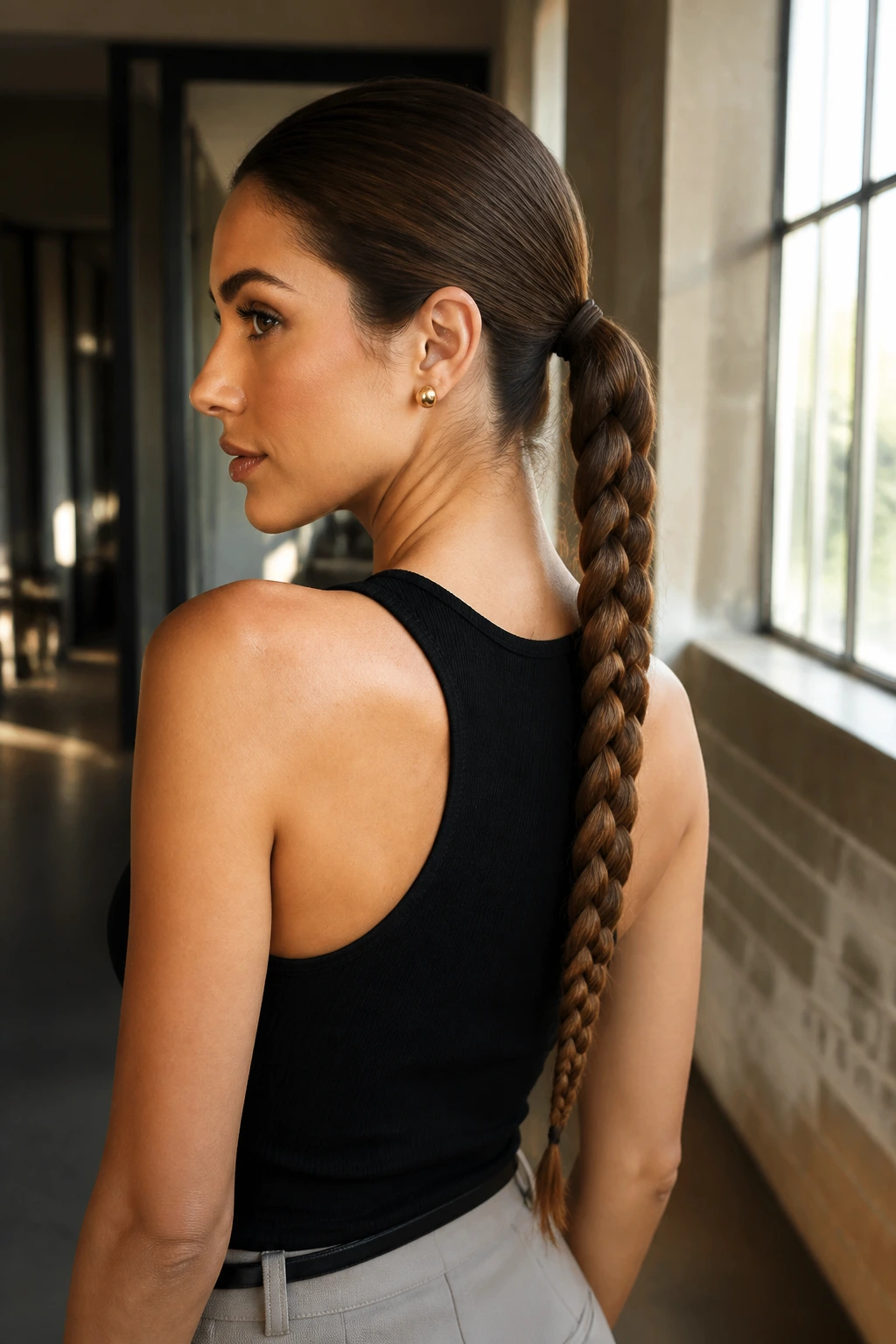 Close-up of braided-length ponytail on a real woman with a neat three-strand braid along the length