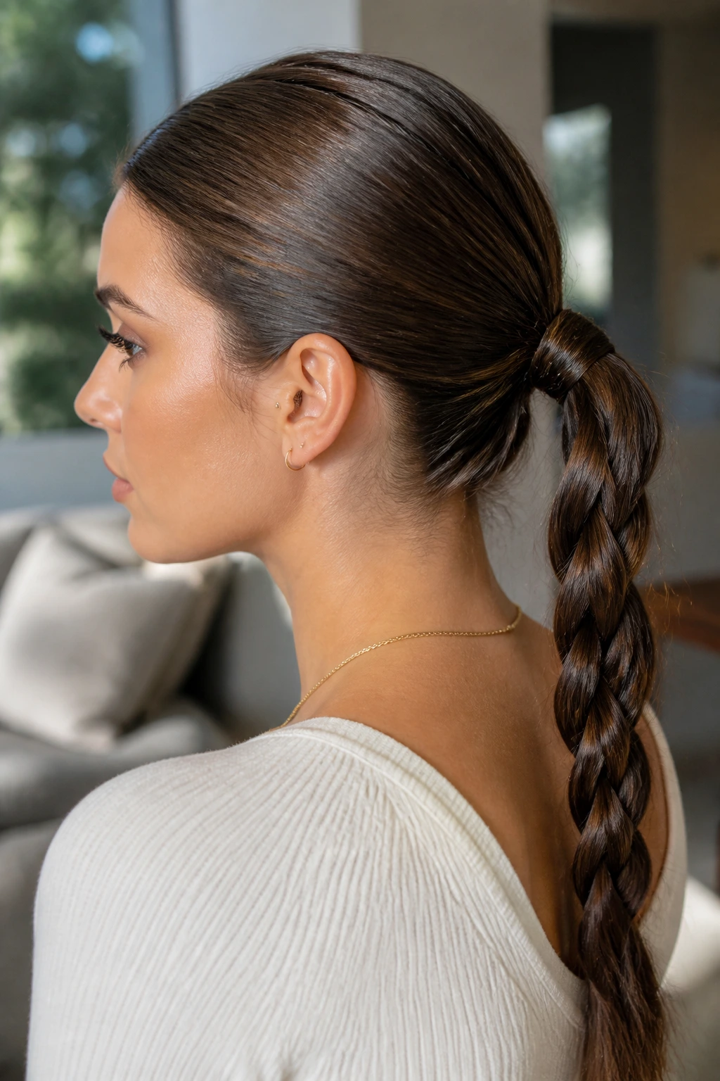 Portrait of a real woman with a sleek low braided ponytail, smooth crown, softly lit living room.