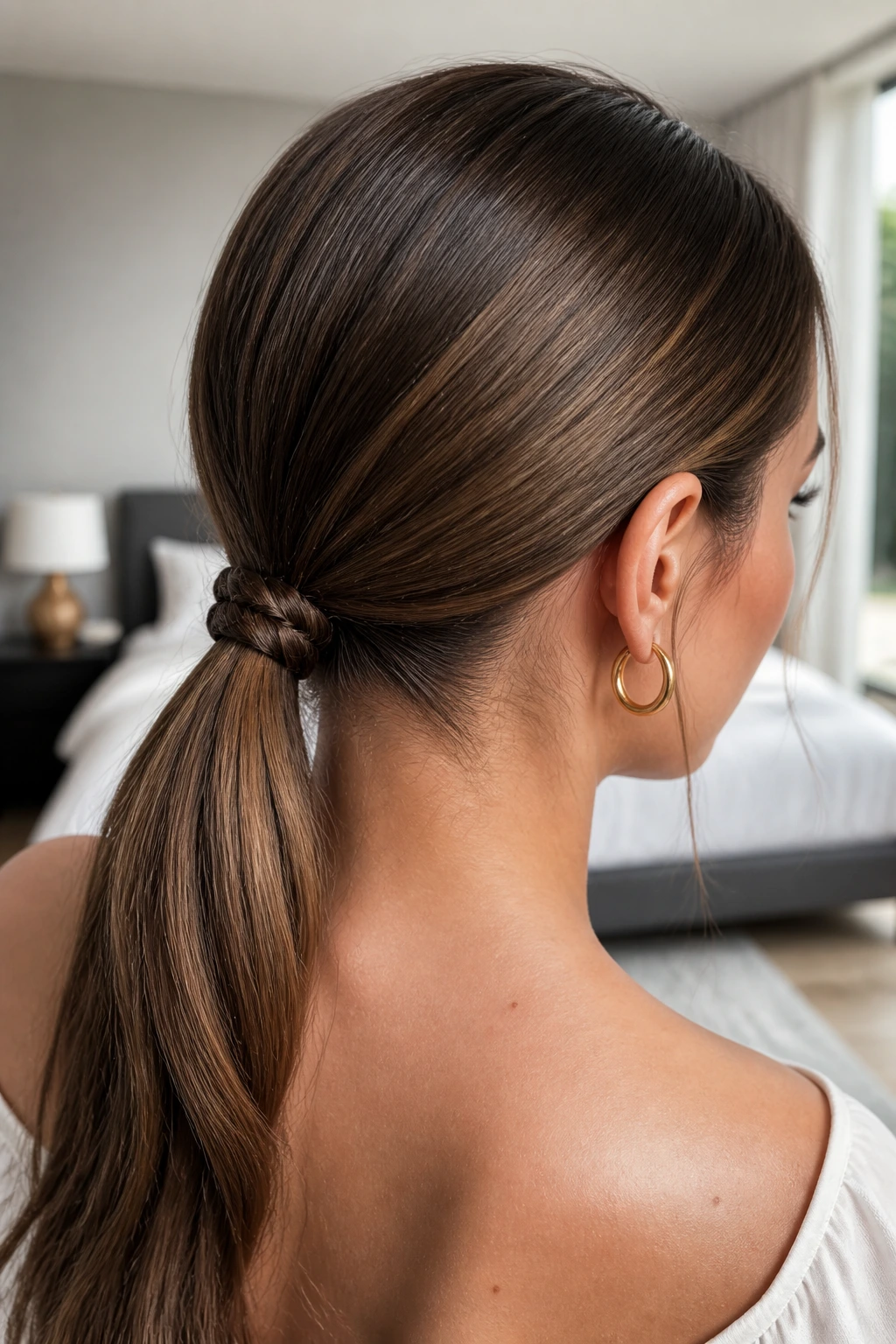 Close-up of a real woman's braided-base low ponytail with a small nape braid