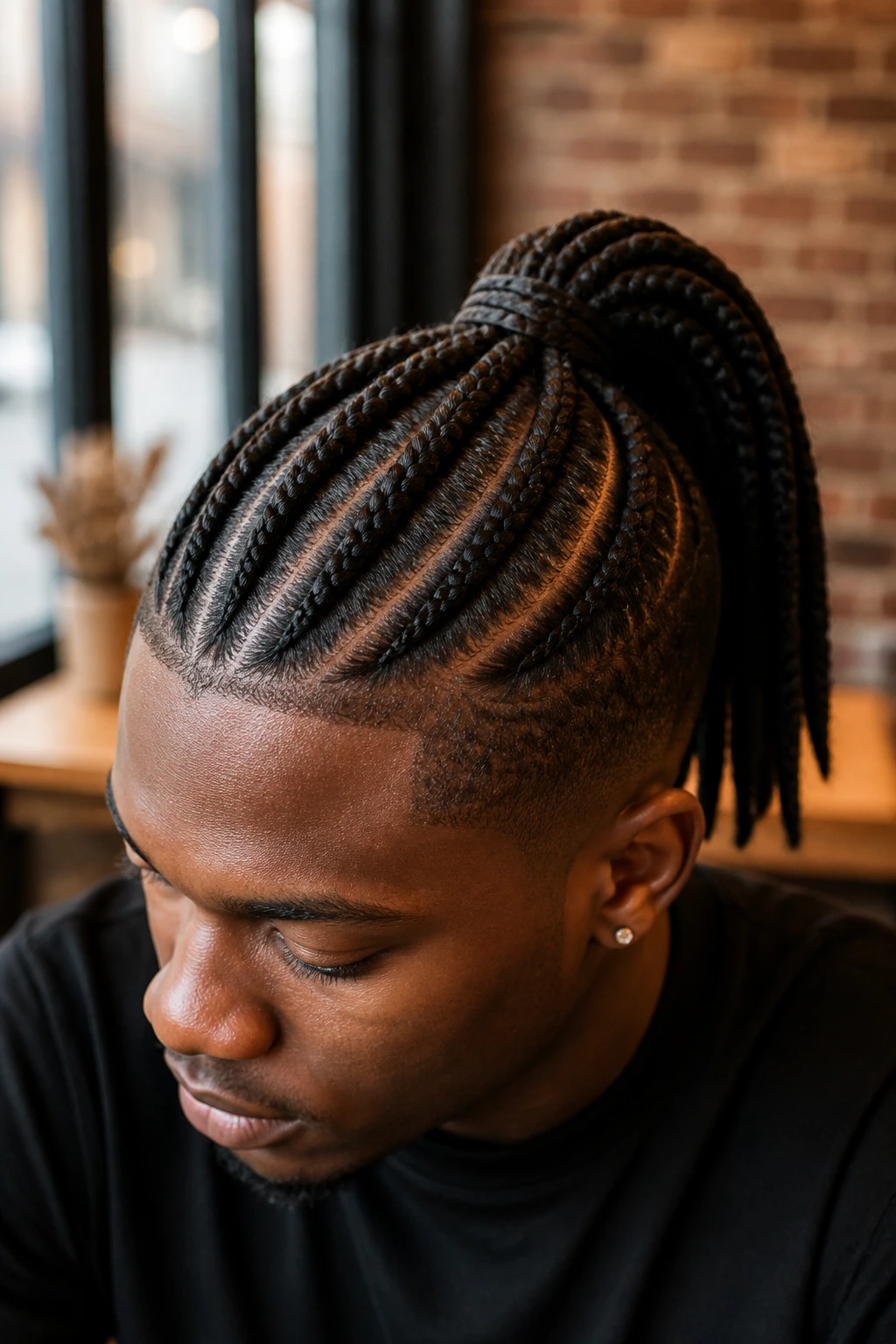 Close-up portrait of a person with a braided ponytail at the crown in warm cafe light