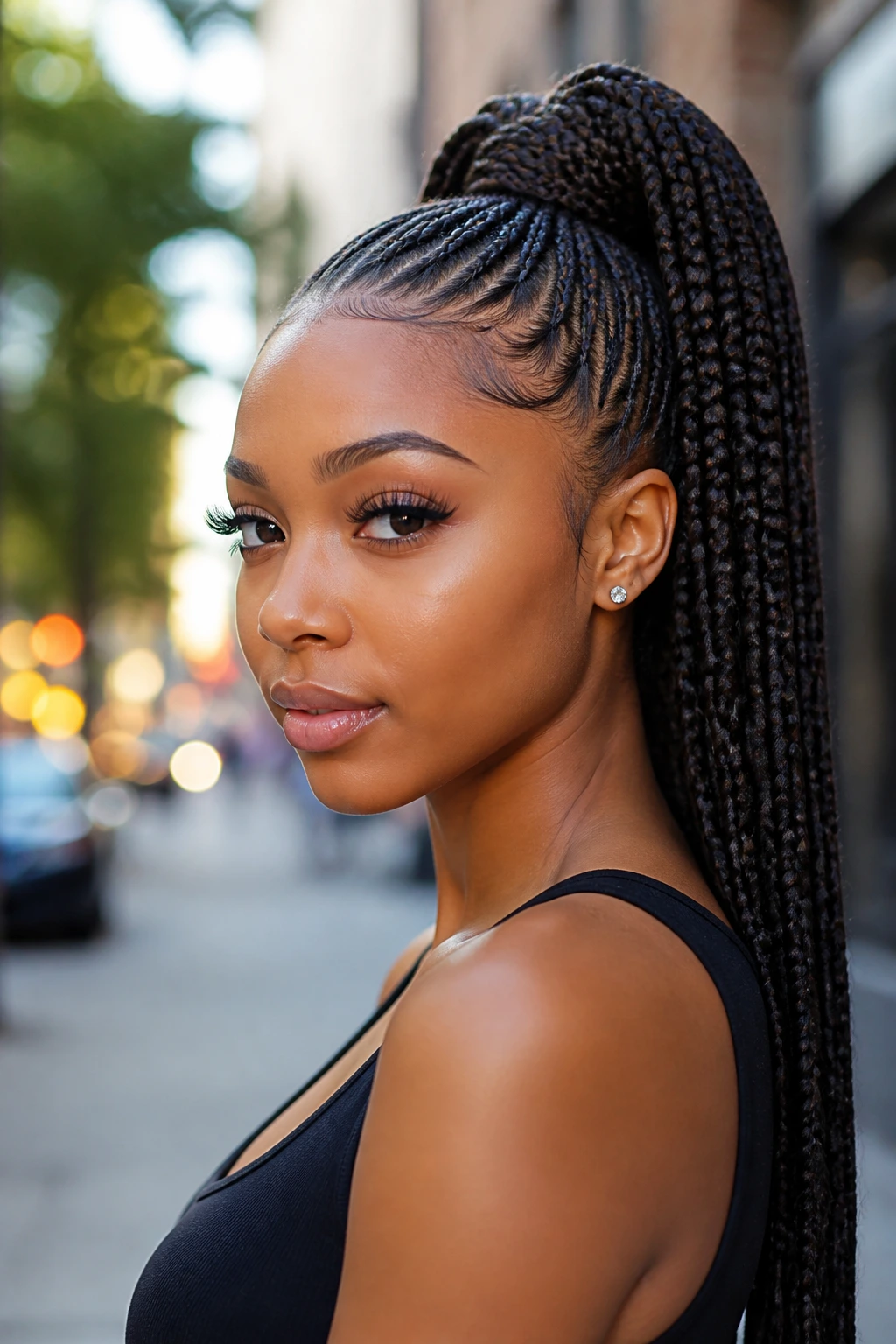 Portrait of a woman with a high braided ponytail in an urban setting.