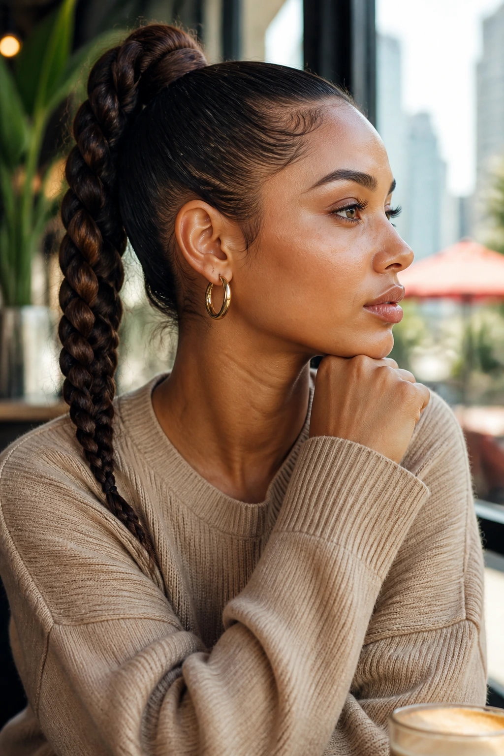 Close-up portrait of a real woman with a sleek braided ponytail.
