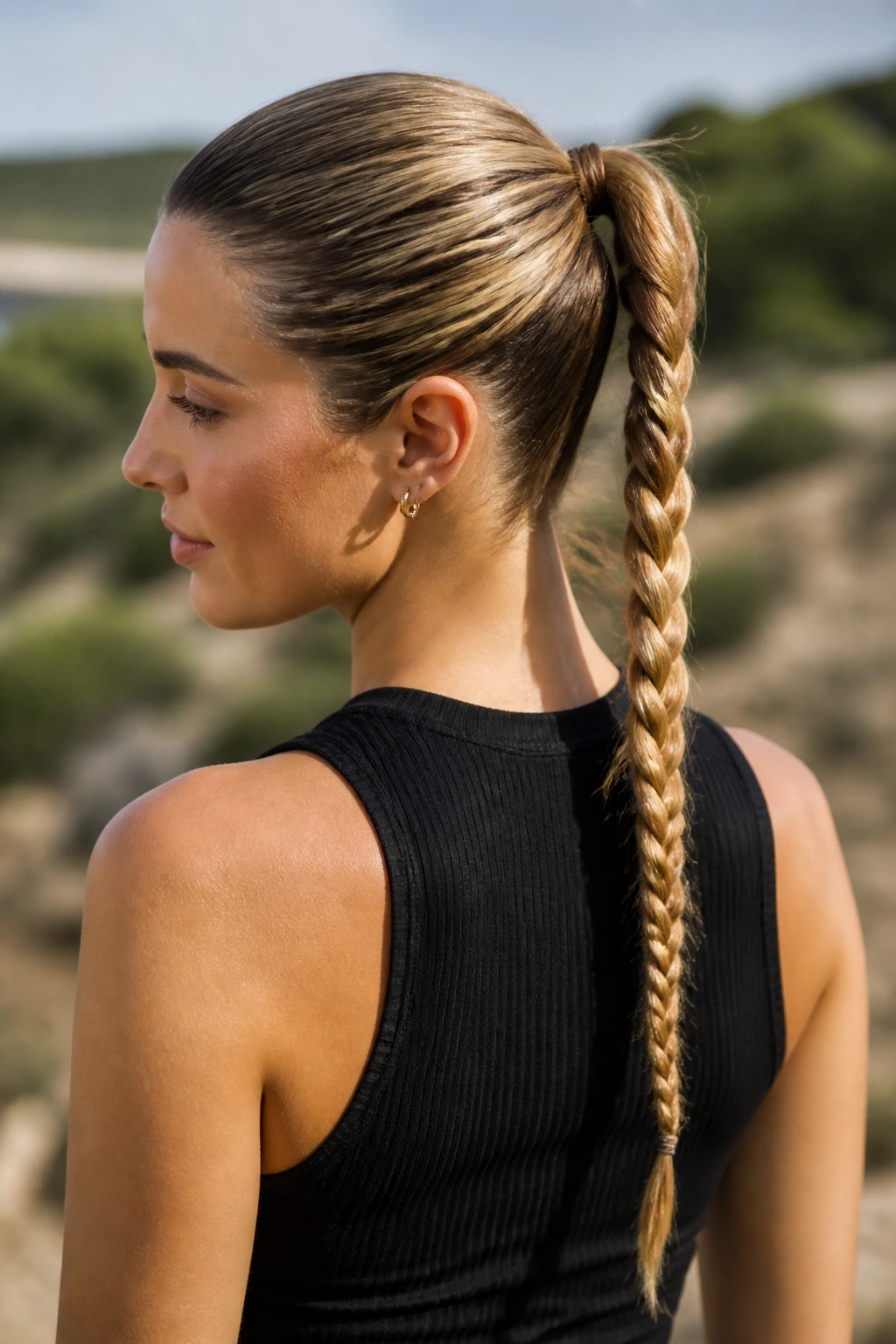 Close-up of a real person with a braided ponytail outdoors in soft daylight
