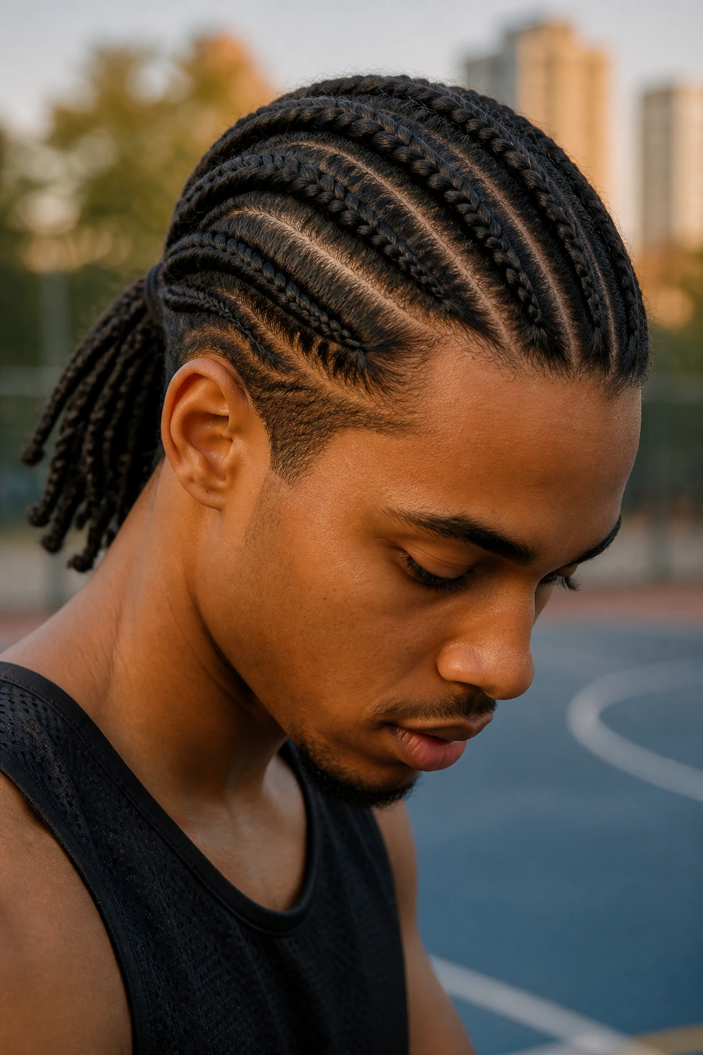 Man with a braided ponytail on a basketball court at sunset.