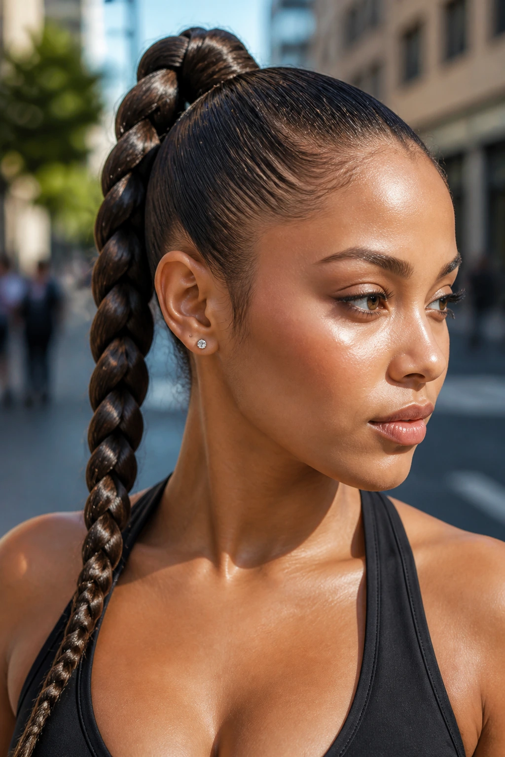 Real woman with a high braided ponytail in an urban setting