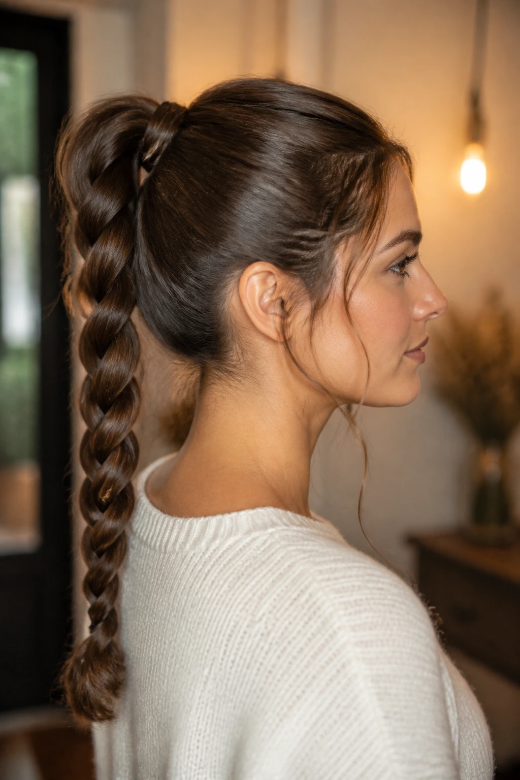Side-profile of a real woman with a braided ponytail