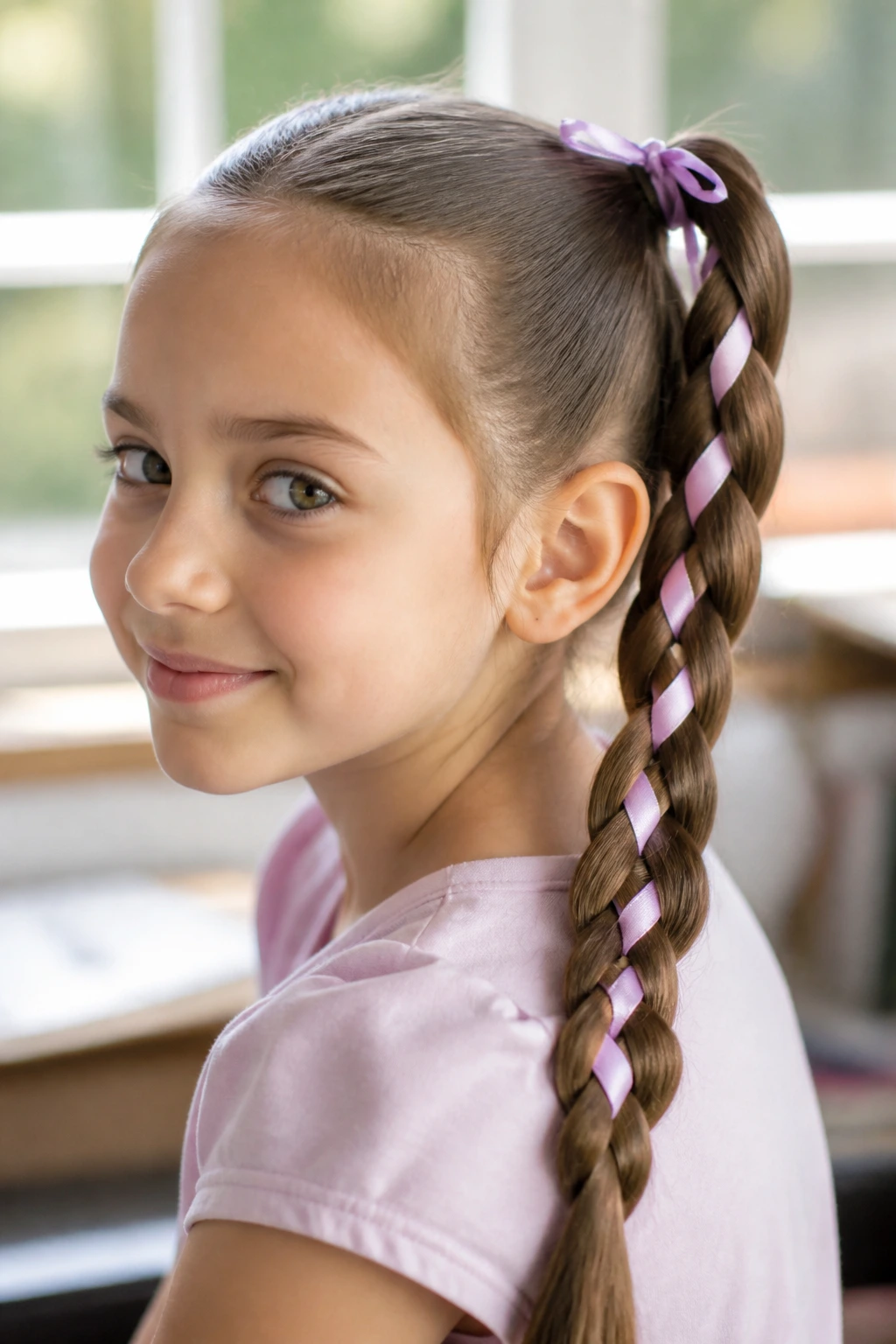 Close-up of a real girl with a braided ponytail and ribbon woven in