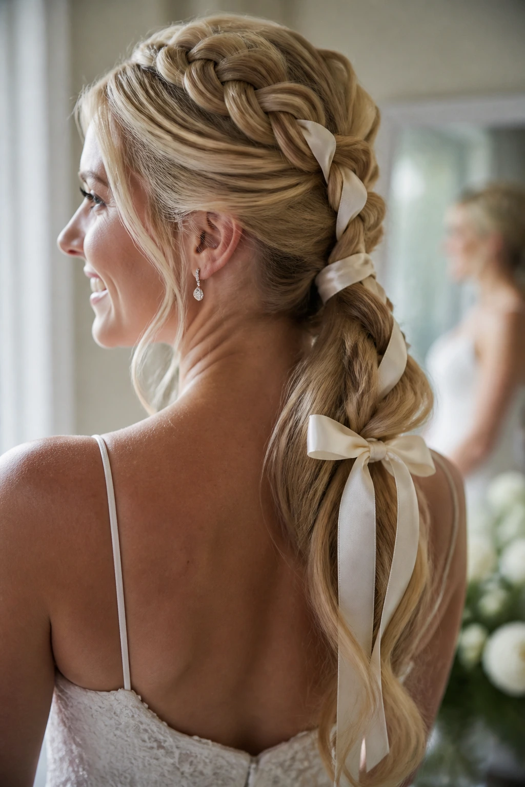 Real bride with braided ponytail and ivory ribbon in blonde hair.