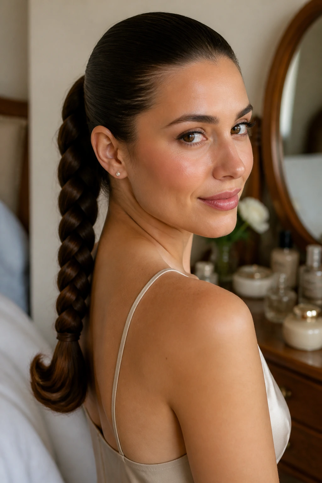 Close-up of braided ponytail with rolled-under ends in a cozy room.