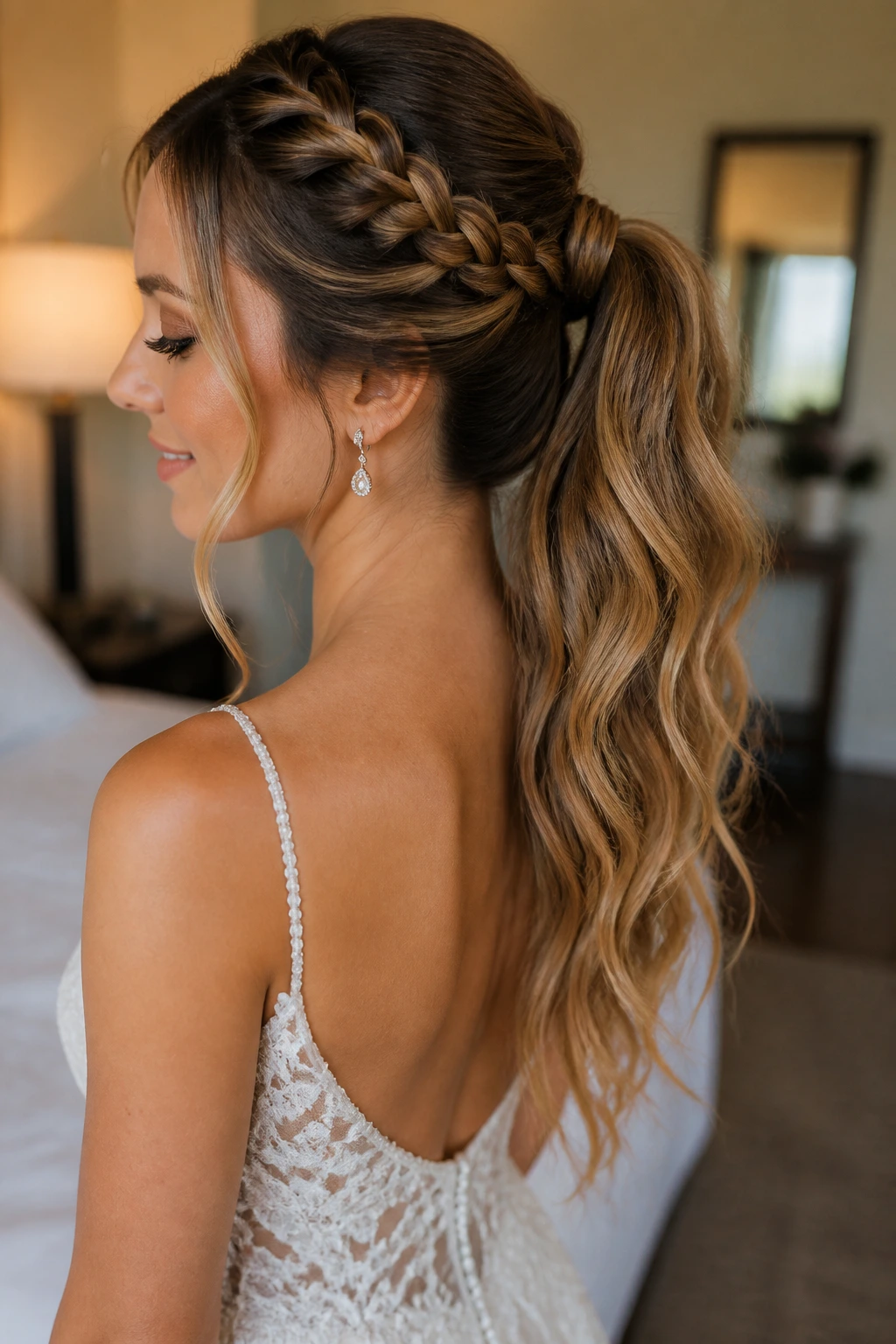 Bride with braided ponytail and soft waves